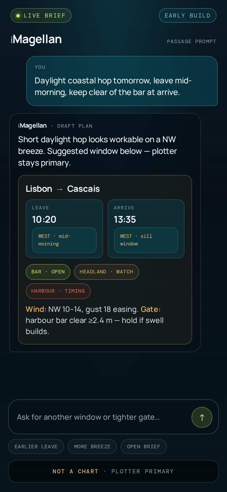 iMagellan prompt screen — natural language passage planning with draft leave and arrive windows